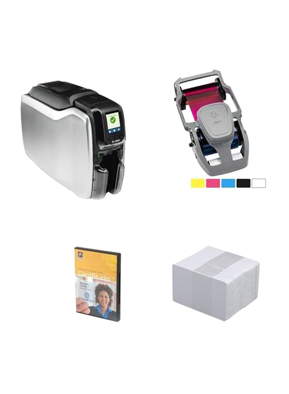 A collage showing a dual-sided ID card printer, a color ribbon, a stack of cards, and a software package for the Zebra ZC300.
